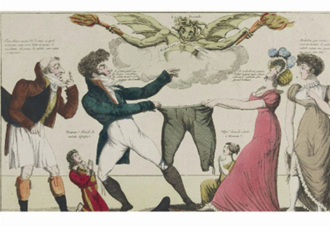 Anonimo, "Grande querelle entre le mari et l'épouse a qui portera la culotte et commandera le ménage", incisione in rame colorata, Paris, 1810 ca.