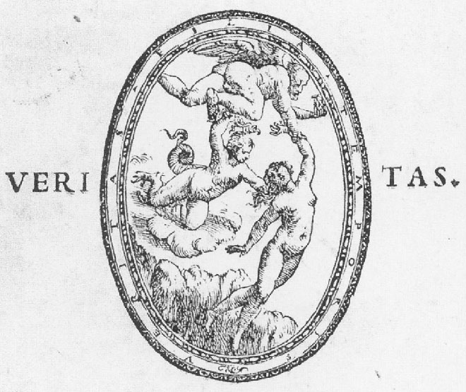 P. Aretino, "Emblema di Veritas", frontespizio di Adriaen Willaert, Cinque Messe, presso Francesco Marcolini, Venezia 1536